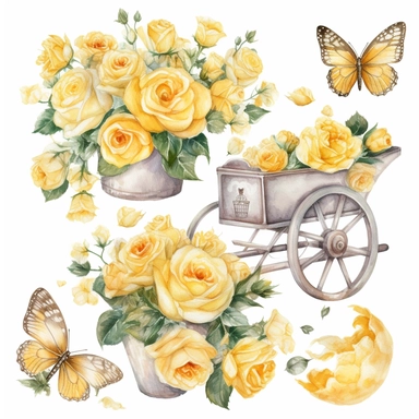 clipart set of buttercup yellow roses with small amount of glitter, jam jar filled with buttercup yellow flowers, sparkly buttercup yellow butterfly, wheelbarrow filled with buttercup yellow roses and butterflies, whimsical watercolor painting, separated with white margins between each item, isolated on white background