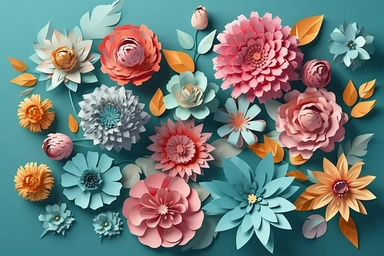 3d render, craft paper flowers, floral clip art set, botanical design elements, bright candy color, isolated on sky blue background vector art illustration