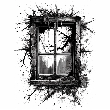 An intricate ink drawing of a broken window, black and white, white background, clipart