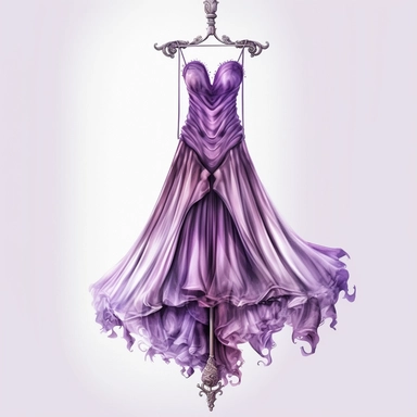 panoramic view, full view, beautiful flowing party dress in the color purple on ornate hanger, elegant, ethereal, romantic, fantasy, high detail, shabby chic, sharp focus, 8k, illustration sketch, clipart style, transparent background (--iw 10)