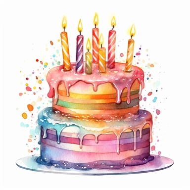 A festive birthday cake with glowing candles clipart, white background, watercolor drawing