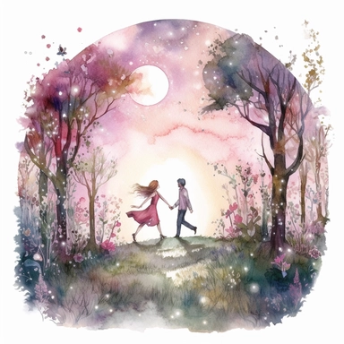watercolor, hyper realistic, white background, white margins, 16k, ultra detailed clipart, cut out image, hand-drawn, whimsical a couple dancing in a moonlit garden, with twinkling fairy lights illuminating their path. soft shades of pink, purple, and green