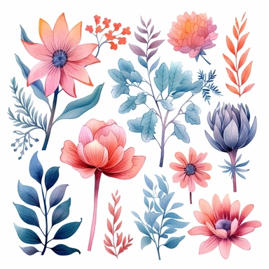 atercolor, handpainted floral clipart, transparent background, 6 elements evenly spaced out by 1 inches
