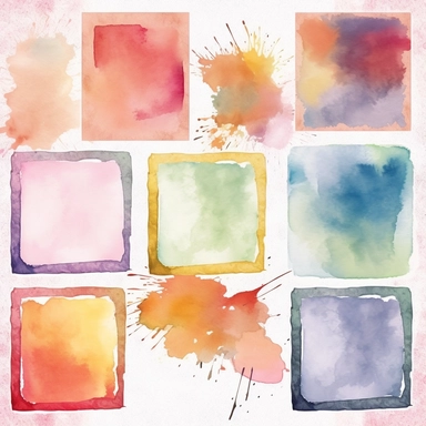 Nine abstract watercolor background vector clipart, in different light pastel colors, rectangle frame, hazy romanticism, free brushwork