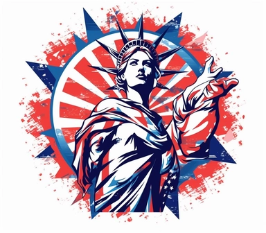 Create a bold and eye-catching clip art that showcases Freedom in patriotic colors, emphasizing the spirit of independence and liberty, white background, in the style of line drawing