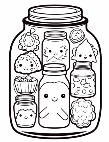 A kawaii illustration of a jar filled with an assortment of adorable cookies in different shapes and sizes For Simple Coloring page,line art, thick lines, black and white,clipart, illustration, on white background,margin Page 10px