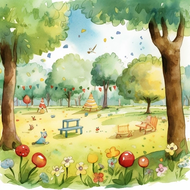 a sunny park, with flowers, trees and toys. The scenery includes some elements such as colorful fruits, snacks, and maybe even a picnic blanket spread with goodies. Pixar childrens book cartoon style, detailed, modern, urban, watercolor, full color, flat color, white background. children book illustration. Watercolor clipart. Pixar animation