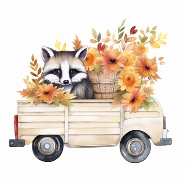 Harvest Truck , flower , leave fall , Watercolor many animals woodland Clipart, Autumn Clipart , watercolor illustration, white background for removing background