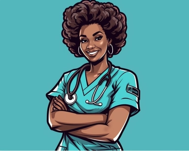 a nurse clip art clipart graphic, in the style of afrofuturism-inspired, dark black and light aquamarine, #screenshotsaturday, shuzo oshimi, bob ross, dry wit humor, stencils