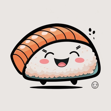 cute kawaii clipart of a smiling salmon nigiri, vector, black outline, white background