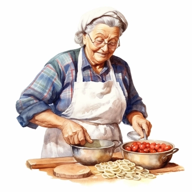 highly detailed and realistic watercolor country rustic vintage italian grandmother cooking pasta in the kitchen, clipart, white background