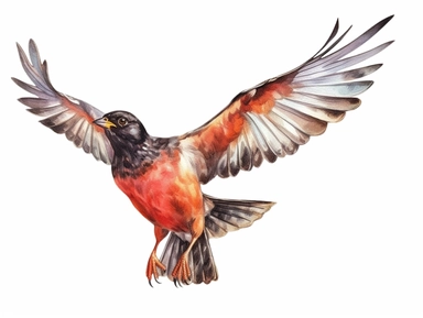 Redwing flying Watercolor isolated on white background, Watercolor Clipart painting, high quality, HD, children's book illustrations, realistic lifelike figures, white background