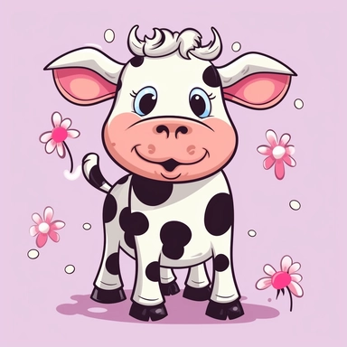 An adorable SVG-style clipart of a young female cow or calf. This cartoon calf is designed with a sense of childlike wonder, showcasing its black and white spots, big doe eyes, and a cheerful pink mouth. Accentuated with cute pink flowers adorning its ears, the design encapsulates an endearing and playful image. The simplified style, using bold outlines and flat colors, is reminiscent of MS Paint creations, striking a balance between simplicity and charm, making this a perfect, uncomplicated rep