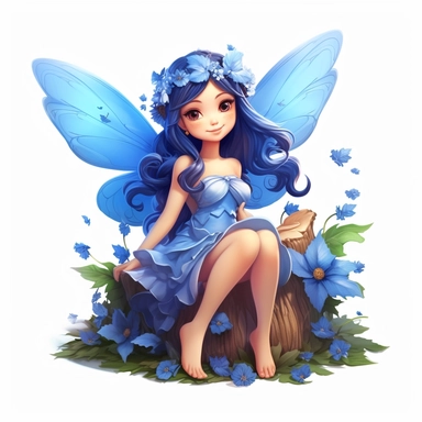 a beautiful smiling fairy girl sitting in flowers, royal blue dress, big fairy wings, lovely butterflies all around her, pixar style, full body image, clipart, white background