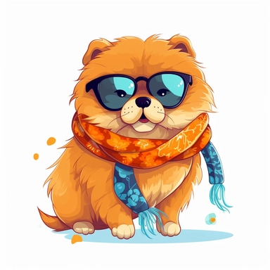 cute funny kawaii Chow Chow Puppy with Balenciaga sunglasses and cool necklaces or scarf, cute illustration, clipart, white backgound, Cuttable Design,full body