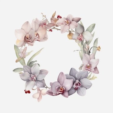 watercolor orchid wreath on white background, in the style of muted and subtle tones, intricate floral arrangements, uhd image, subtle realism, asymmetrical framing, fawncore, wedding clipart, floral accents, no background