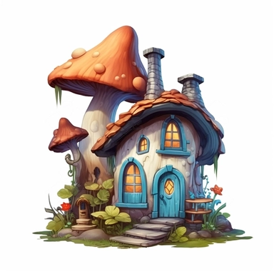 clipart, shades of blue and brown fairy house isolated on a white background, vector, pastel colors, realistic, 3D, no shadows