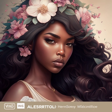 beautiful brown skinned, melanin, an clipart by Artgerm, featured on deviantart, full head shot including hair, fantasy art, copic marker, a full head of pretty lady who looks like a model wearing a hat adorned with flowers, long wavy black hair, beautiful eyes, beautiful lips, one subject, wearing ornate dress with pink floral settings, highly detailed, 8 k, cinematic, sharp focus, masterpiece, white background, wearing pink dress