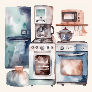 Generate a watercolor clipart set of kitchen appliances, including a refrigerator, oven, stove, and microwave. Use soft, muted colors and a gentle brushstroke effect to give the images a calming and soothing aesthetic, white background