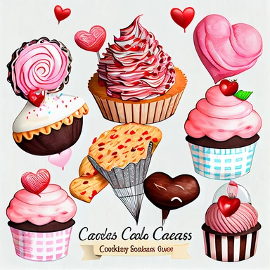 valentines day treats, cupcakes, chocolate candy, ice cream soda, cakes and cookies clipart set, hand-drawn,