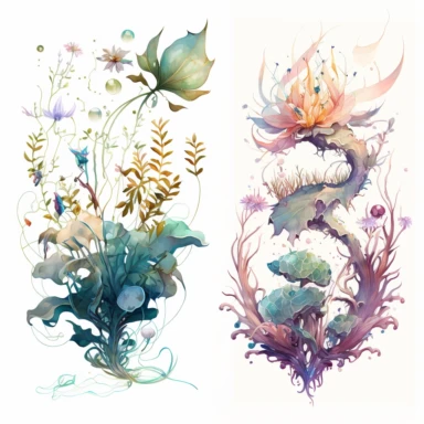 auatic plants, light watercolor clipart, isolated on white background, James Jean and Peter Mohrbacher, no text, no captions