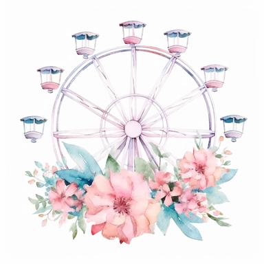 watercolor pastel ferris wheel with pink roses and delicate vines clipart white background