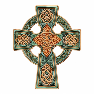 an embroidered design of a celtic cross, white background, clipart