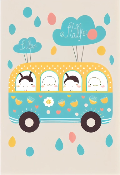 Cute happy baby bus bithday pattern, Clipart,by Dr. Seuss ，Blush and bashful background, illustration art