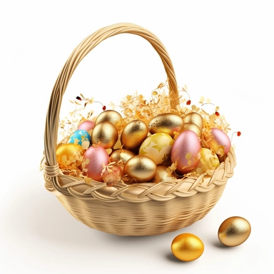 a clipart should feature an white Easter basket filled with golden eggs The white basket could be decorated with diamonds or Gold accessories , and there could be some grass or flowers around it. The treats could be arranged in a neat and colorful display, with some items spilling out of the basket to make it look more inviting.