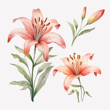 watercolor lily flowers and leaves clipart,tiny, long branches,hd, on white background, space out