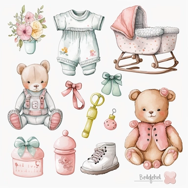 Cute baby clipart watercolor set, pacifier, socks, romper, bib