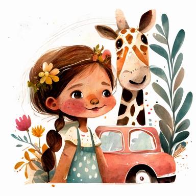 watercolor clipart, A car racing with a family inside, a 6-year-old child and the parents, motion, the girl sees a dog outside the car, the girl sees a giraffe outside the car, magic, illustration story book style for children