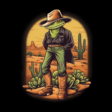 frog wearing cowboy hat and boots walking in the desert, Cactus,Vintage collor, Clip Art, T-Shirt Design, Black Background
