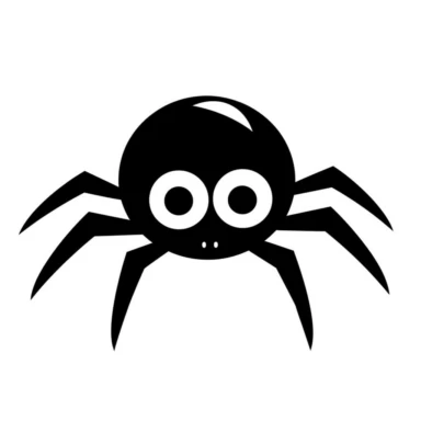 Black and white silhouette of a kawaii spider, clipart style, white background, thick lines, vector, simple design, flat colour, solid colour, halloweencore