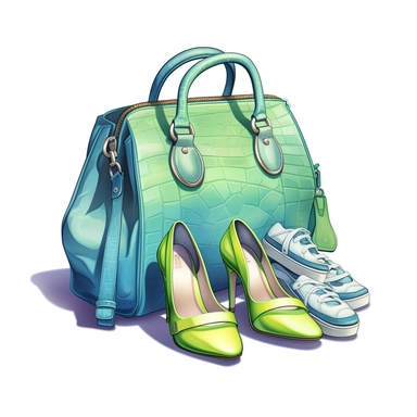 colorful mix light blue green woman bag, blue shoes, clipart style, fashion accessories bag, procreate illustration, on white background, hyper detailed, high resolution, illustration