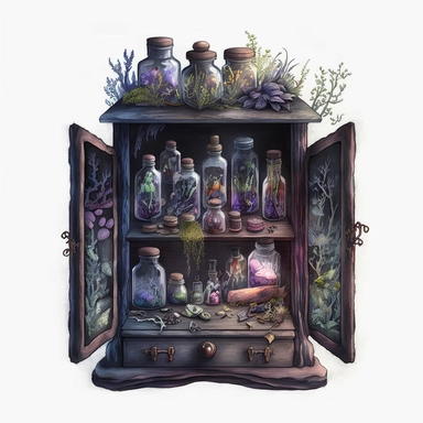Watercolour Witches Apothecary Cabinet, dark fantasy, highly detailed, mystical, drawers, Clipart