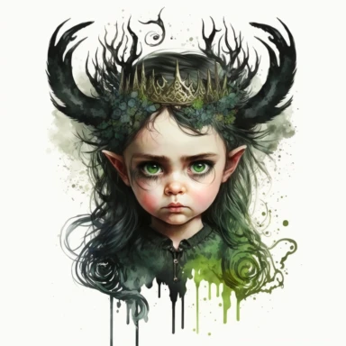 boho little girl, big eyes, maleficent, black crown and horns, staff with green fire, very detailed and realistic, watercolor, portrait , white background with margins, clipart style,
