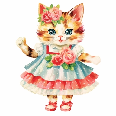 50s vintage kitsch cat illustration clipart, watercolor, Hand drawn painting, isolated on white background, watercolor illustration by katie daisy, highly detailed, white background for removing background - - no text shadow font watermark