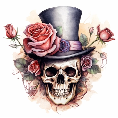 skeleton, wearing top hat, gothic roses, watercolor, clipart elements, smooth gradients, black contour outline, ultra detailed, white background, super clear, high quality