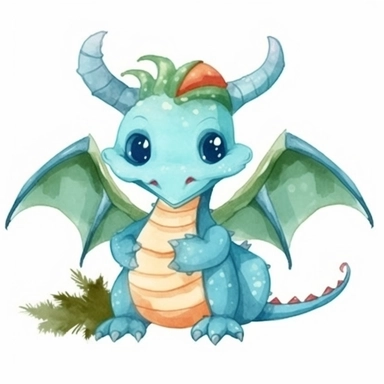 watercolor dragon christmas character clipart on white background, flat design, watercolor bright high resolution