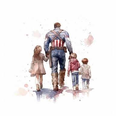 Captain America holding hands with his three kids, all walking forward, seeing from the back. Father's day clipart, watercolor clipart, watercolor Illustration, Sublimation graphics, by Beatrix Potter, single design, print on demand image, PNG transparent background, white background, 8k