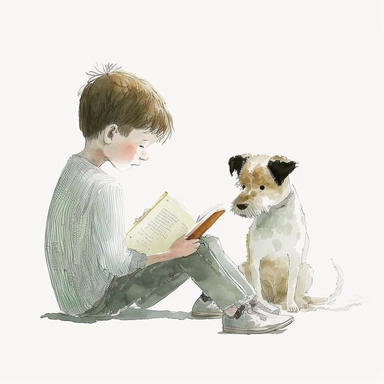 a dog sitting next to a young boy reading a book, watercolor and ink drawing, clipart, happy, gentle smile, beautiful watercolor ink wash coloring, thick pencil lines, Jon klassen, Adrian tomine, popular on etsy, watercolor illustrations clipart, watercolor illlustrations for kids and children, book illustrations, plain white background