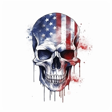 american flag slashed skull, in the style of illusory wallpaper portraits, watercolor, 2d game art, quadratura, poster art, clipart, on white background