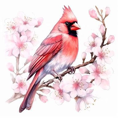 Northern Cardinal sits on a sakura branch on a white background, illustration in watercolor style, drawing done in professional glazing technique, expressive details, realistic drawing technique, saturated colors, harmony with nature, pronounced contours, clipart, a masterpiece, white background