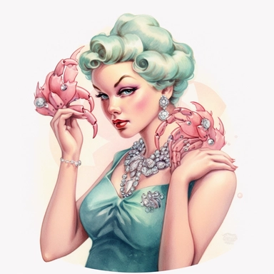 Hand drawn 1950’s pin up woman, dressed like cancer the crab, very glamorous with jewelry, shades of dusty rose teal and blue, half body, very detailed and realistic, watercolor, white background with margins, clipart style