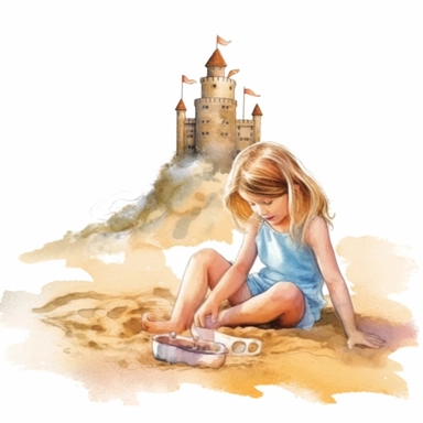 Cute little girl on the beach building sandcastles,summer watercolor clipart with white background