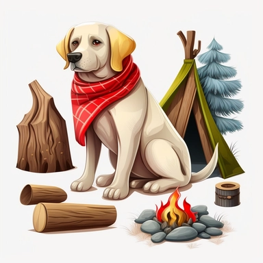 fire camp, tent, wood log, mashmallow, same style, white background, illustrations, vector, clip art