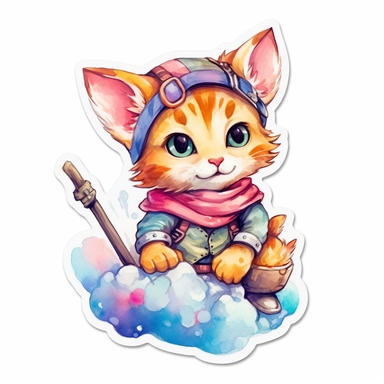 sticker with white border, on white background, cute baby bobcat, adventurer, fantasy, dungeons and dragons, watercolor clipart, vibrant rainbow colors, classic disney style, playful and whimsical watercolor