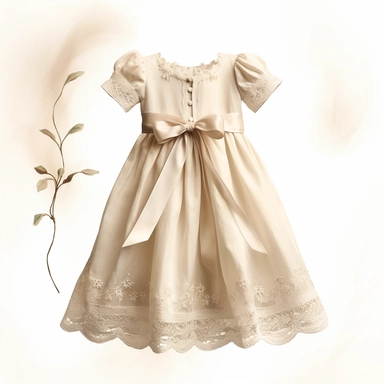 Clipart, vintage, baptism kid dress, hand painted, linen, with laces, beige, romantic, delicate