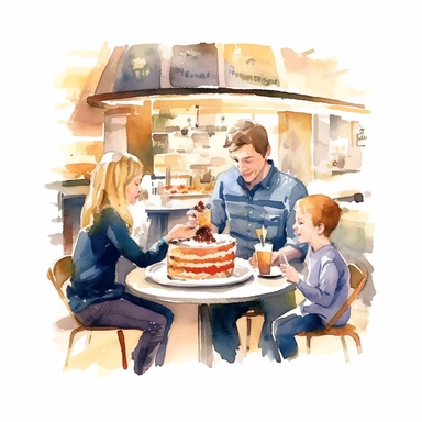 watercolor, hand drawn family eating cheesecake at a bakery clipart, hd, white background, spaced out--ar 3:2
